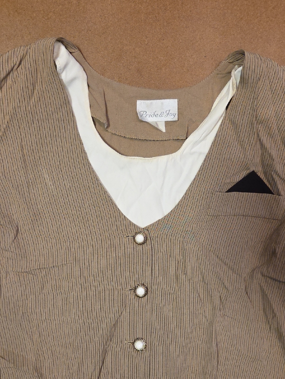 Vintage Pride & Joy Beige Pinstripe Button Front Top with White Insert